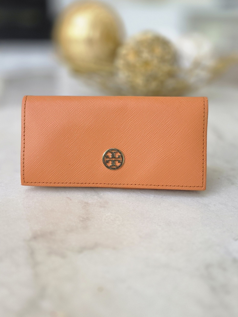 Tory Burch Orange Saffiano Leather Glasses Case Gold Logo Snap Closure
